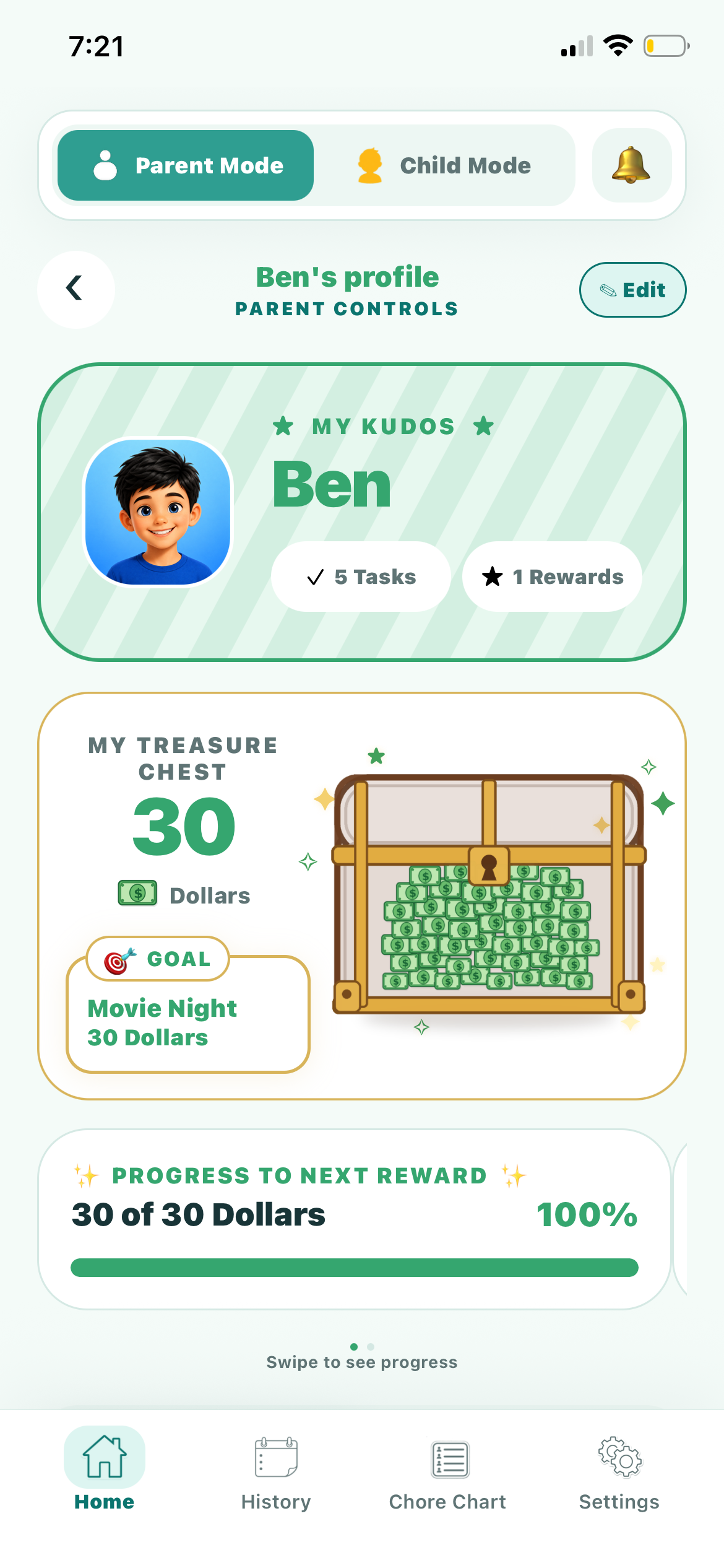Ben’s Kudos treasure chest progress screen