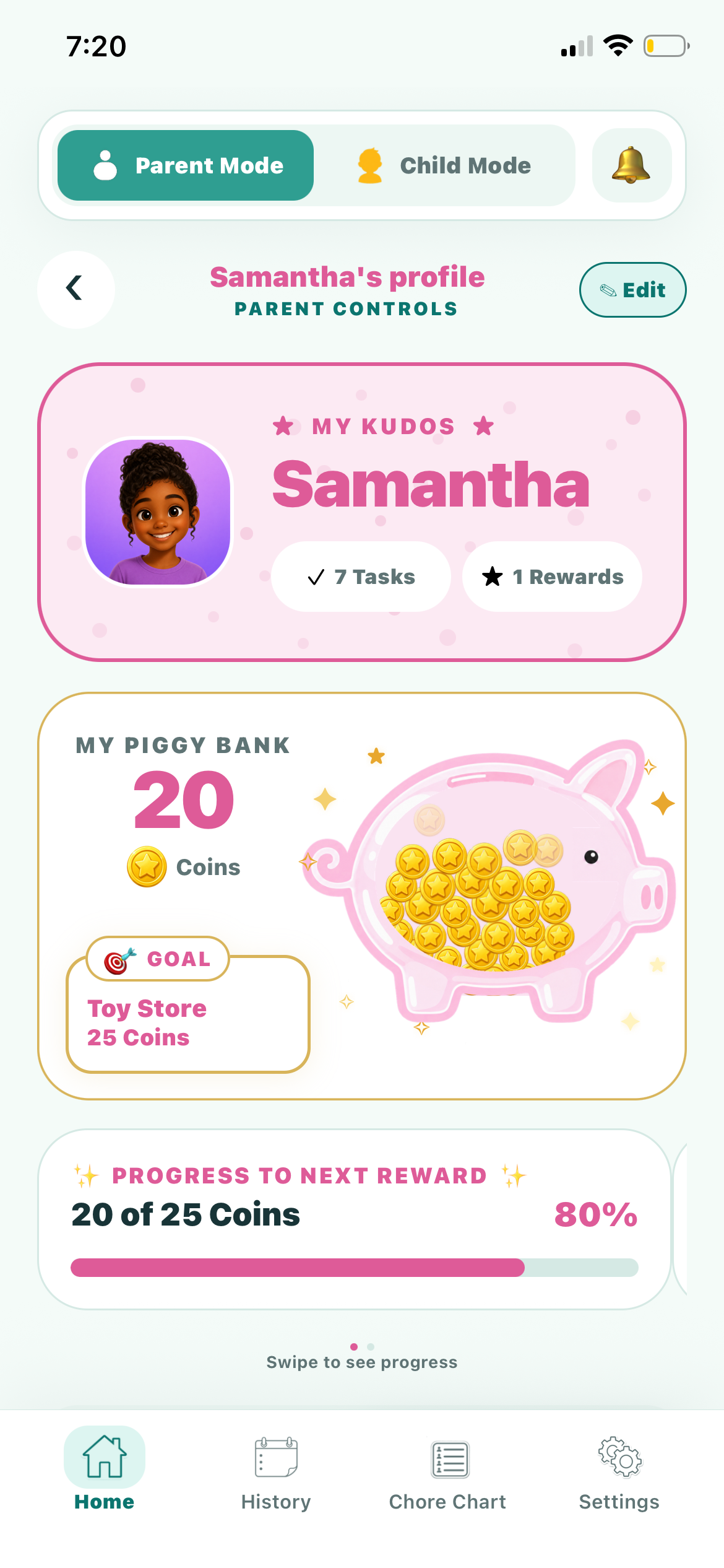 Samantha’s Kudos profile showing tasks, reward, coins, and piggy bank